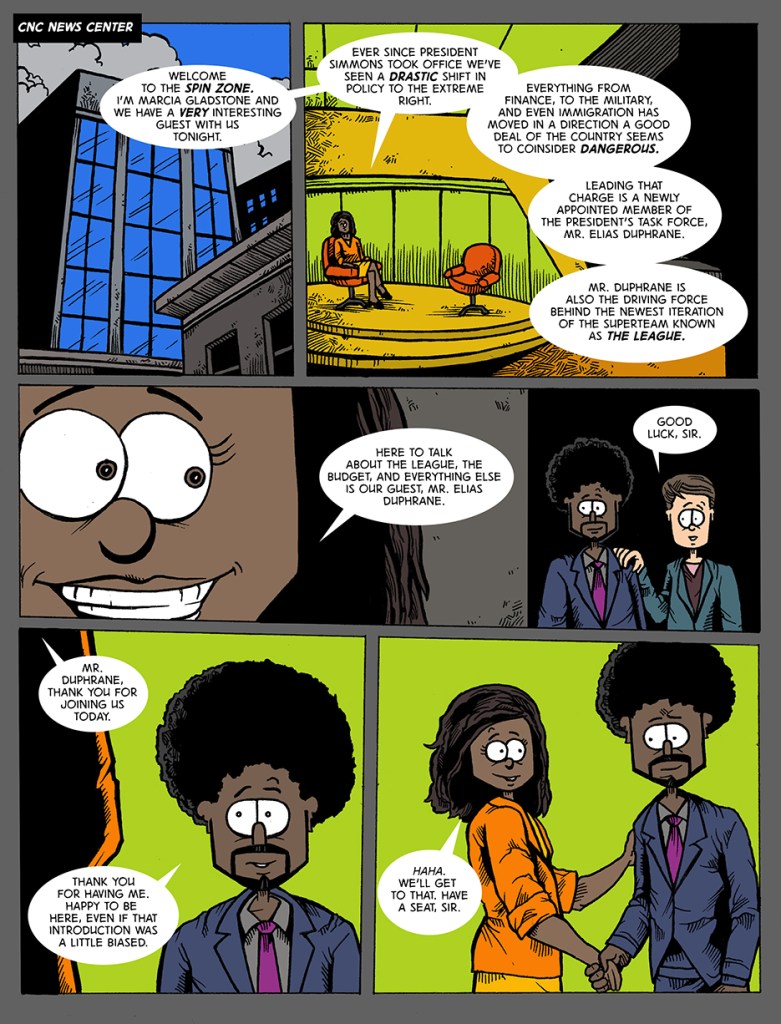 pen man, steven novak, webcomic, superhero, elias duphrane, talk show, morning, news, discussion, powers, immigration, cartoon artwork,